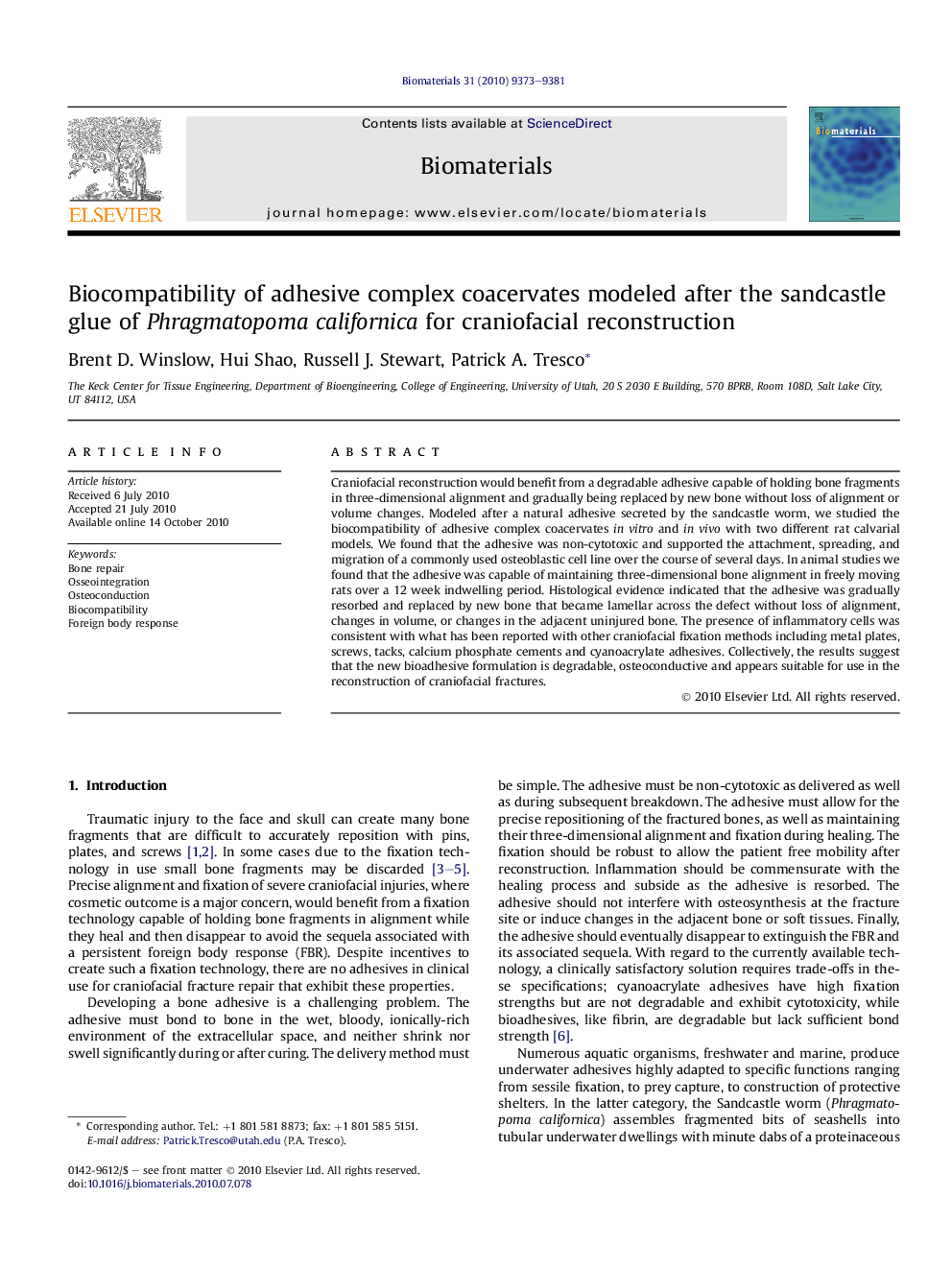 Biocompatibility of adhesive complex coacervates modeled after the sandcastle glue of Phragmatopoma californica for craniofacial reconstruction