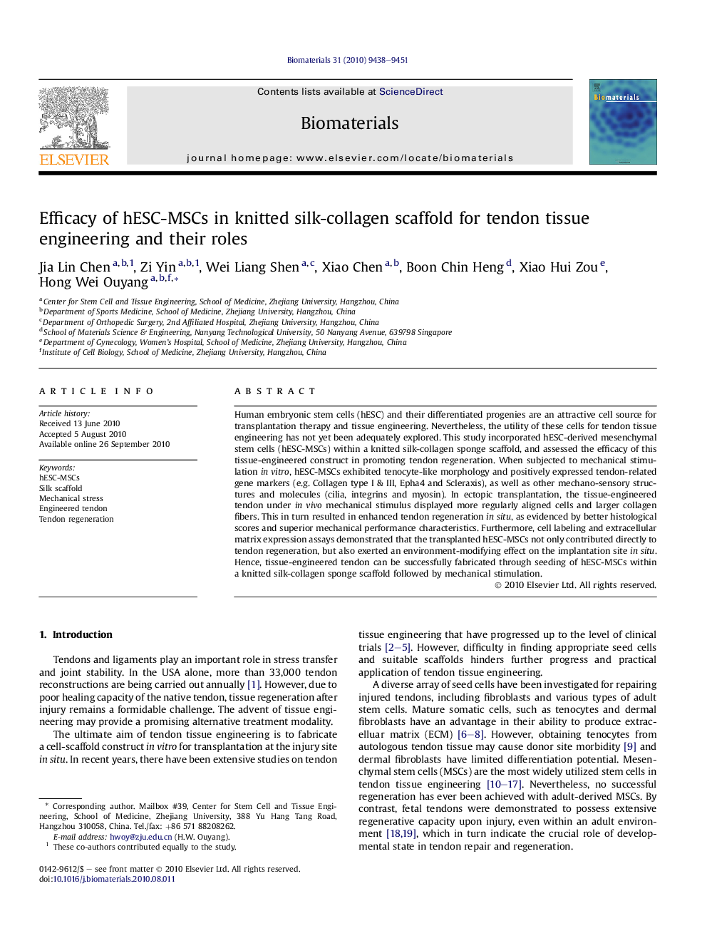 Efficacy of hESC-MSCs in knitted silk-collagen scaffold for tendon tissue engineering and their roles