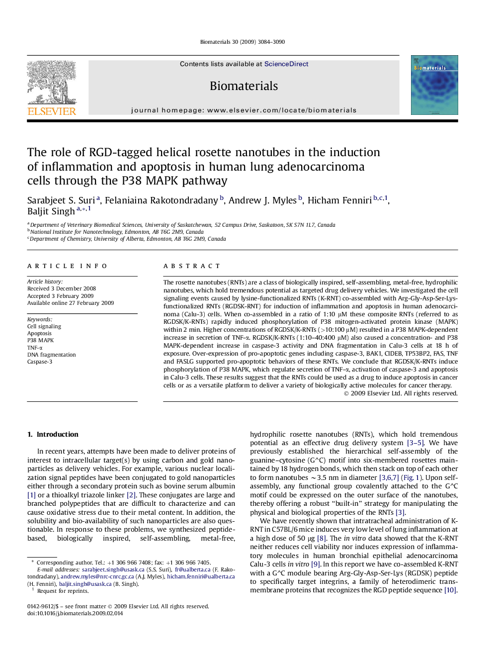 The role of RGD-tagged helical rosette nanotubes in the induction of inflammation and apoptosis in human lung adenocarcinoma cells through the P38 MAPK pathway