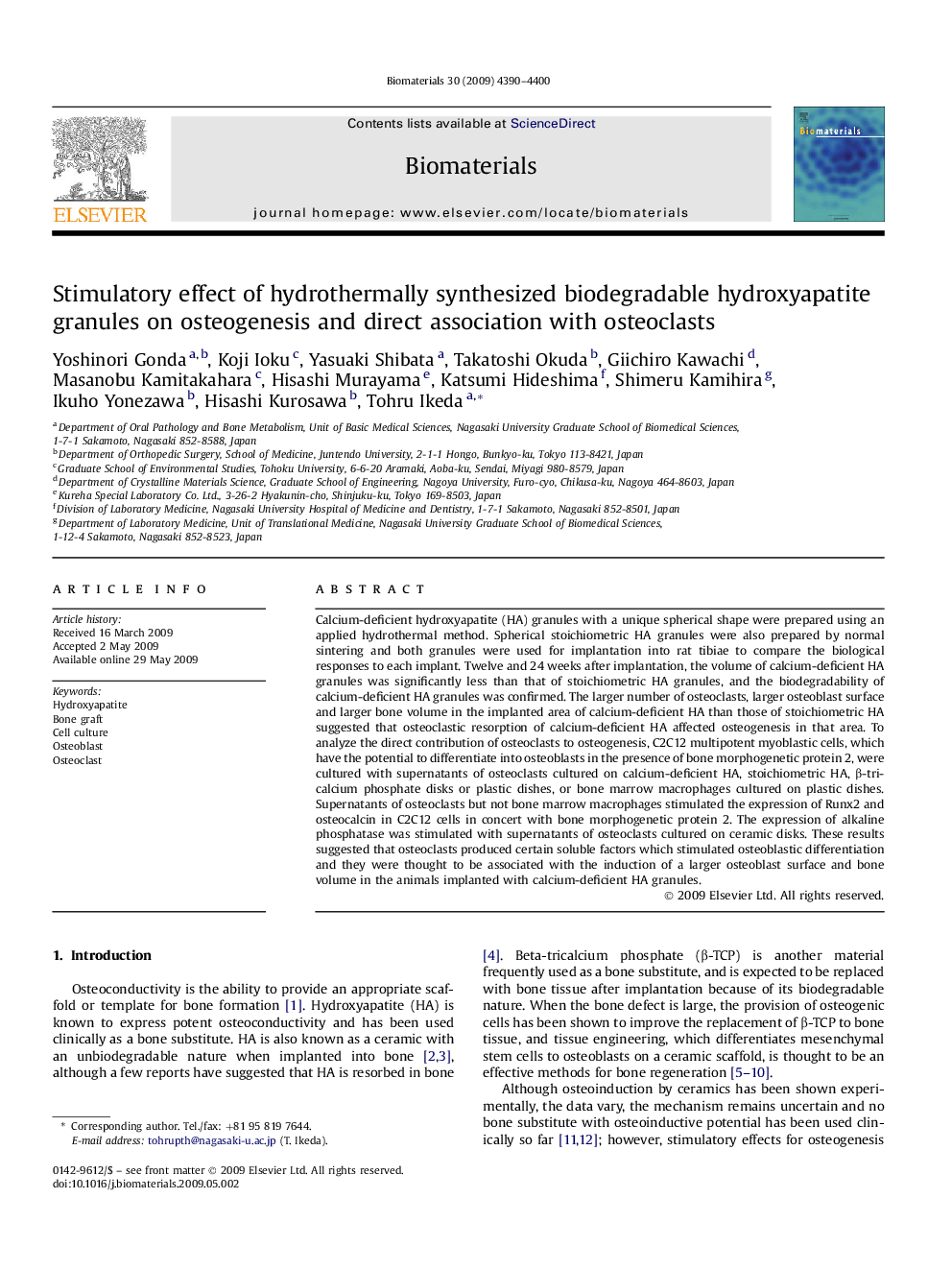 Stimulatory effect of hydrothermally synthesized biodegradable hydroxyapatite granules on osteogenesis and direct association with osteoclasts