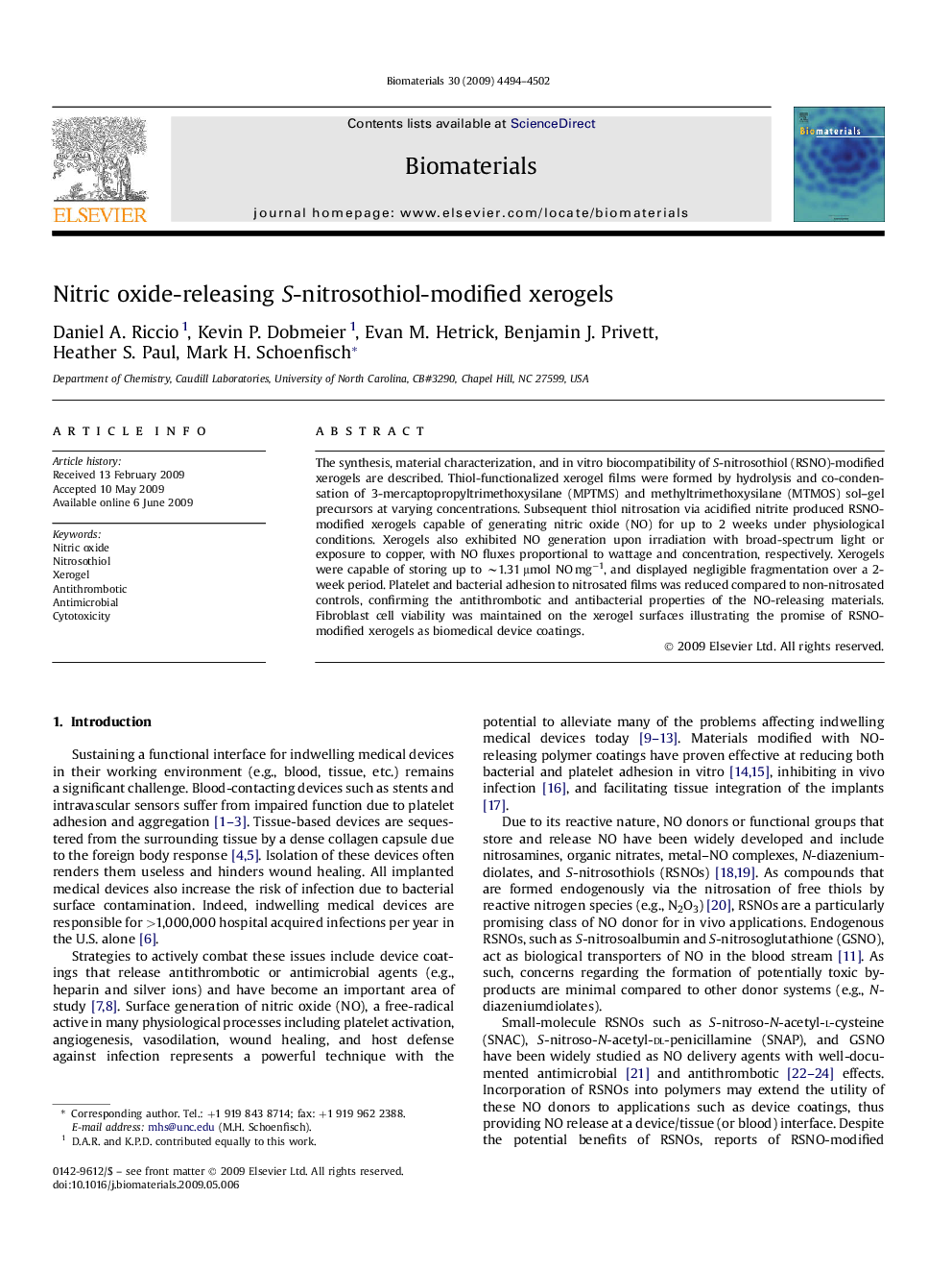 Nitric oxide-releasing S-nitrosothiol-modified xerogels