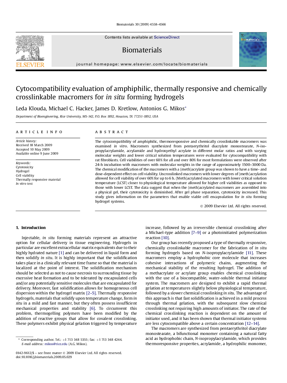 Cytocompatibility evaluation of amphiphilic, thermally responsive and chemically crosslinkable macromers for in situ forming hydrogels