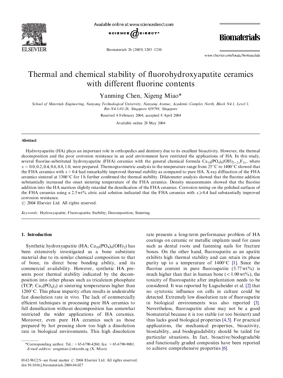 Thermal and chemical stability of fluorohydroxyapatite ceramics with different fluorine contents