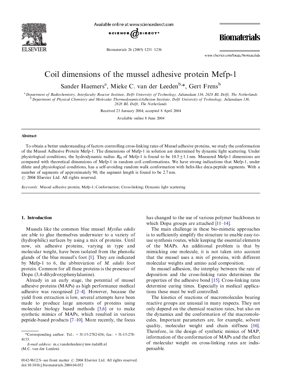 Coil dimensions of the mussel adhesive protein Mefp-1