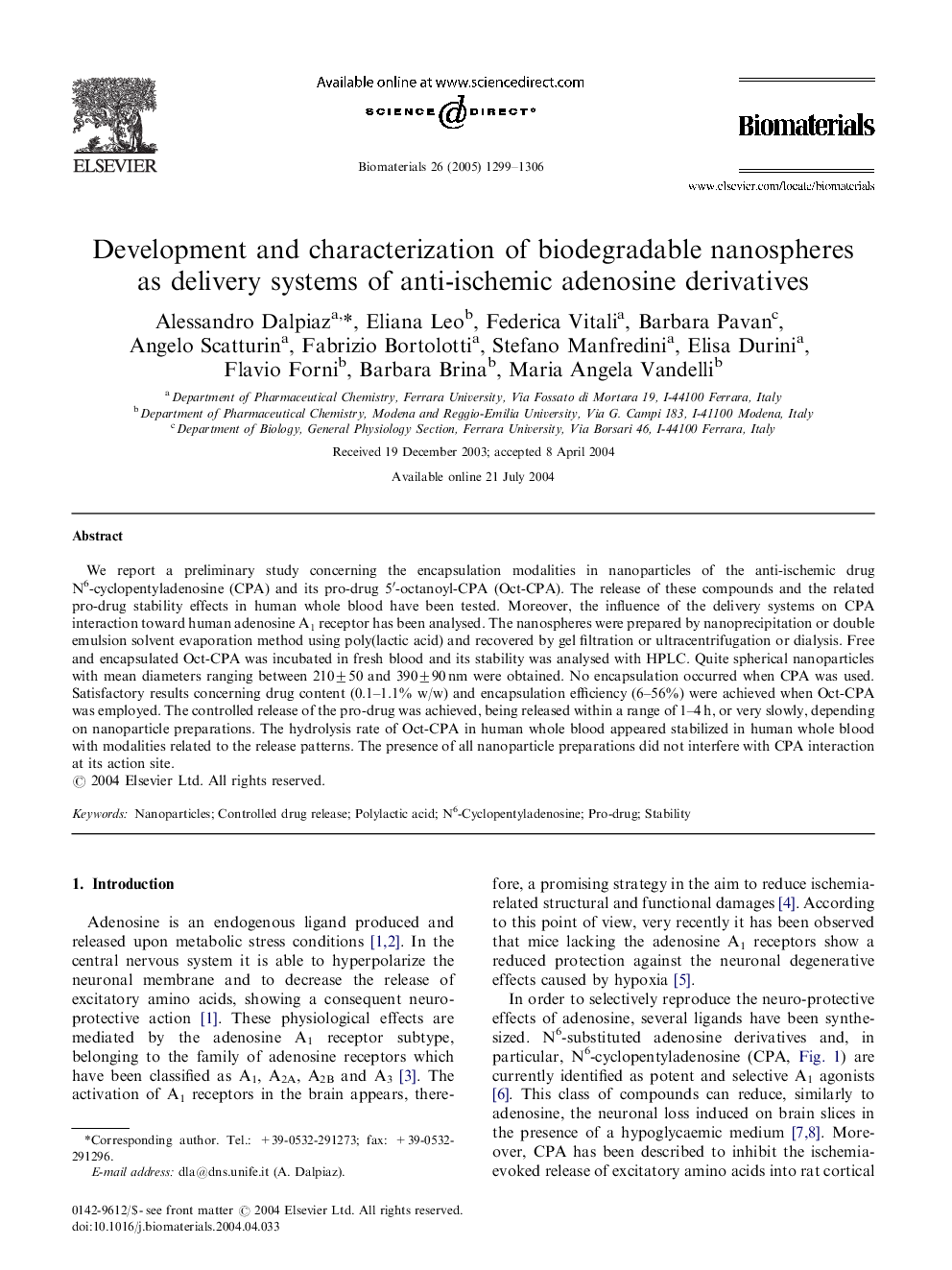 Development and characterization of biodegradable nanospheres as delivery systems of anti-ischemic adenosine derivatives