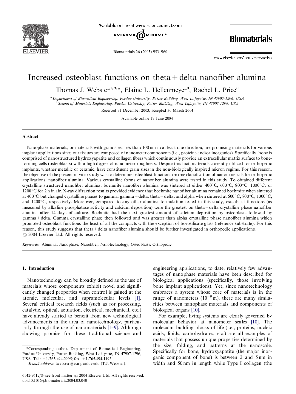 Increased osteoblast functions on theta+delta nanofiber alumina