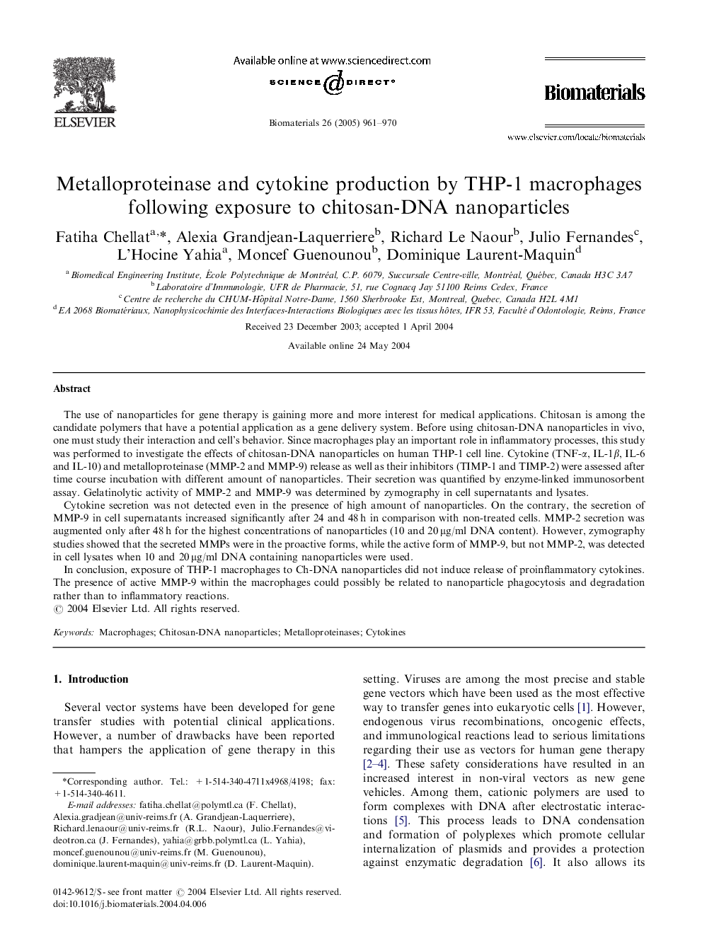 Metalloproteinase and cytokine production by THP-1 macrophages following exposure to chitosan-DNA nanoparticles