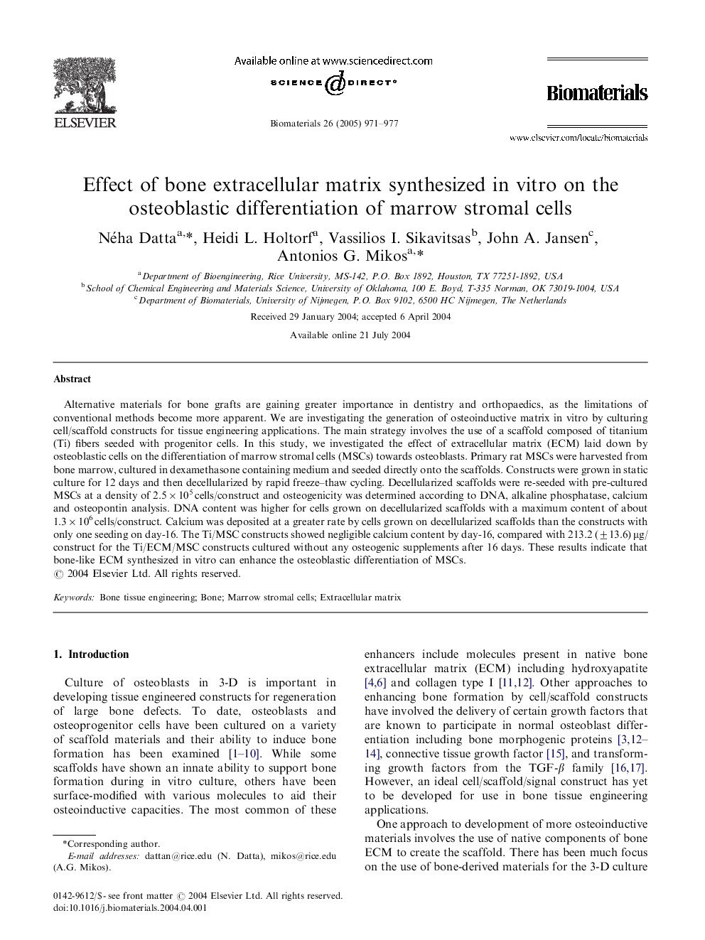 Effect of bone extracellular matrix synthesized in vitro on the osteoblastic differentiation of marrow stromal cells