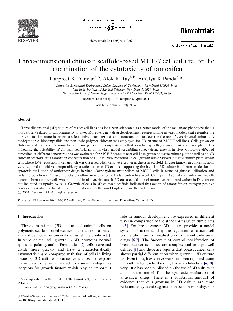 Three-dimensional chitosan scaffold-based MCF-7 cell culture for the determination of the cytotoxicity of tamoxifen