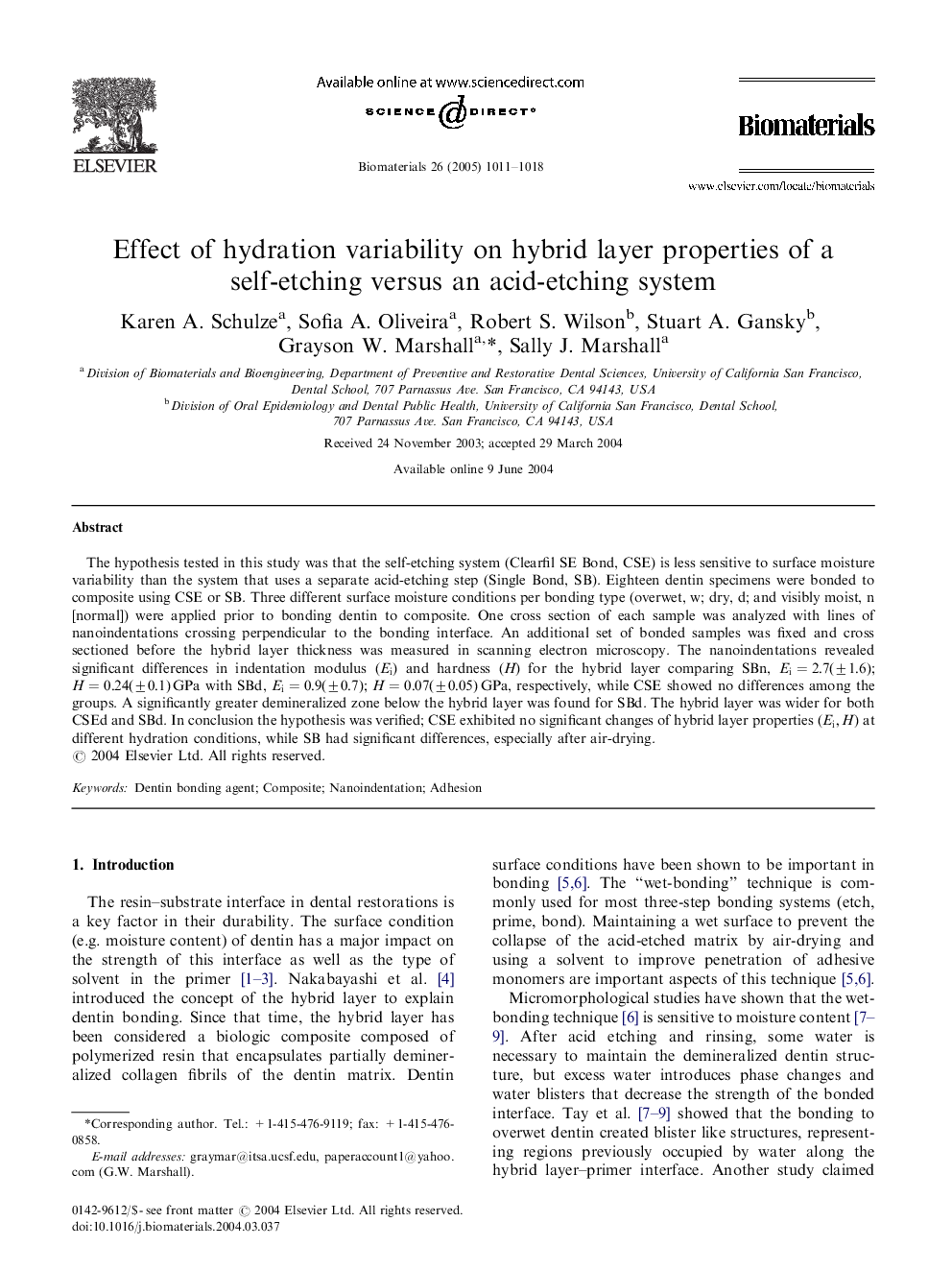 Effect of hydration variability on hybrid layer properties of a self-etching versus an acid-etching system