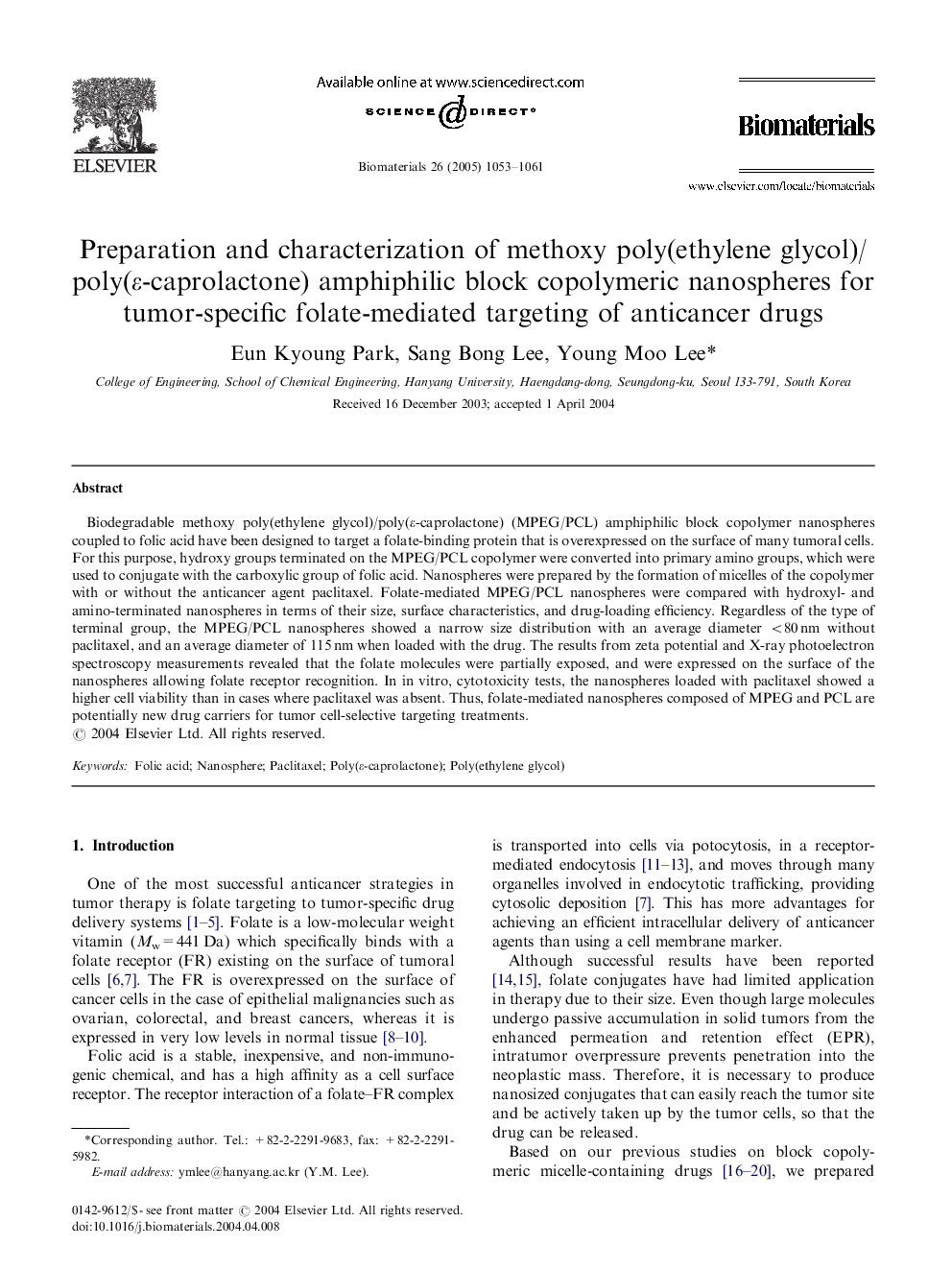 Preparation and characterization of methoxy poly(ethylene glycol)/poly(Îµ-caprolactone) amphiphilic block copolymeric nanospheres for tumor-specific folate-mediated targeting of anticancer drugs