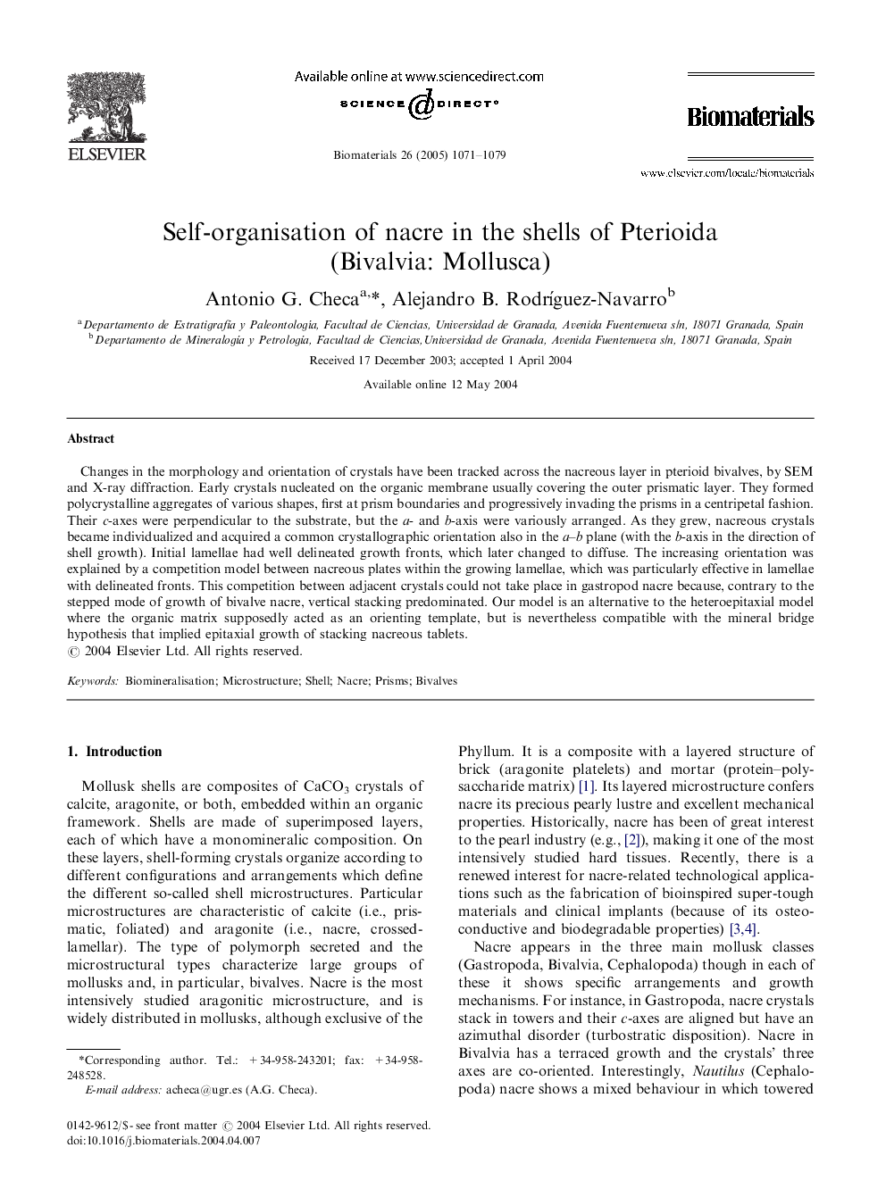 Self-organisation of nacre in the shells of Pterioida (Bivalvia: Mollusca)