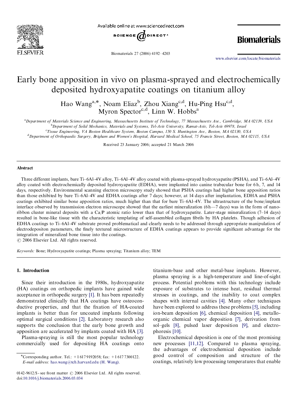 Early bone apposition in vivo on plasma-sprayed and electrochemically deposited hydroxyapatite coatings on titanium alloy