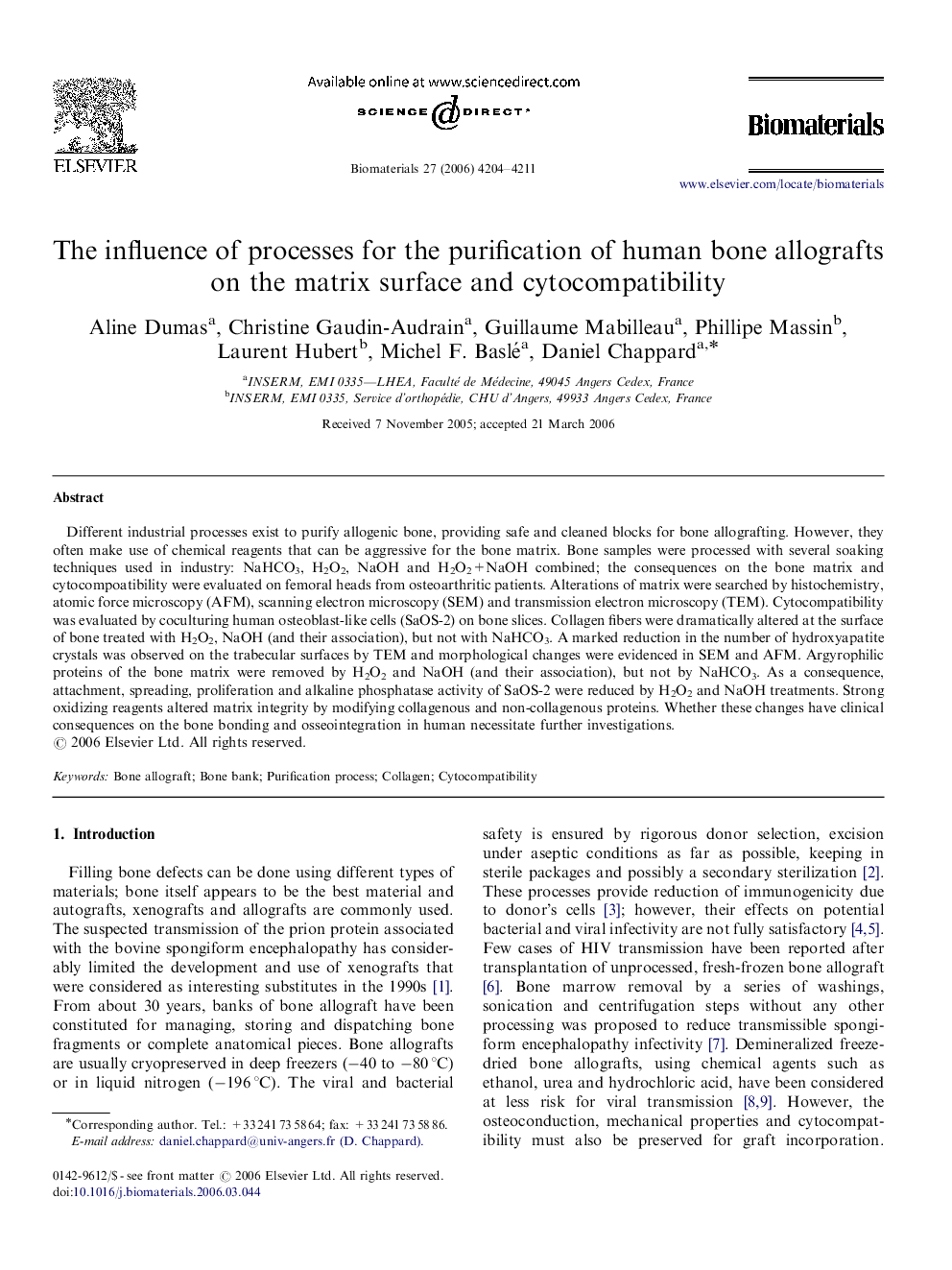 The influence of processes for the purification of human bone allografts on the matrix surface and cytocompatibility