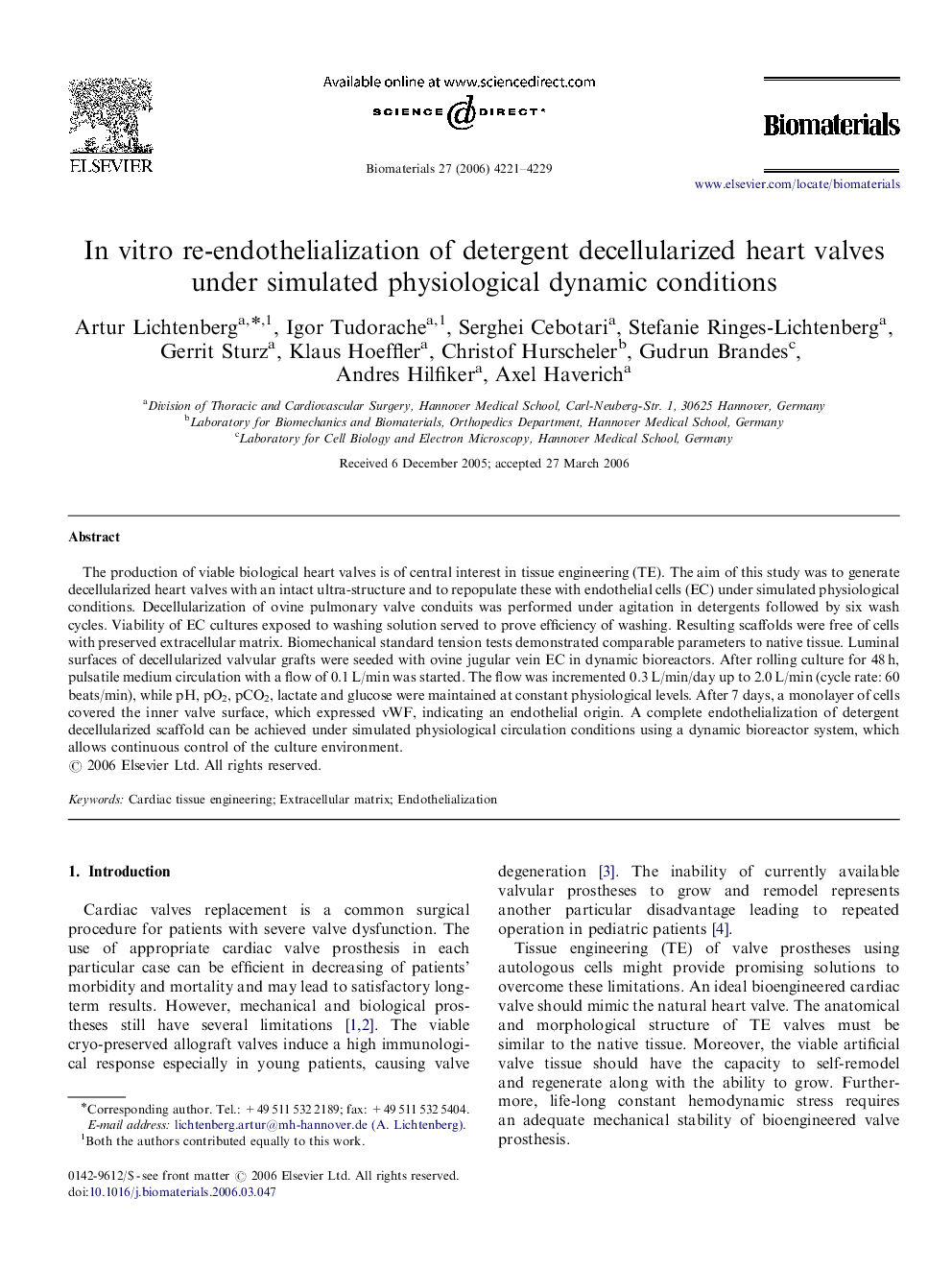 In vitro re-endothelialization of detergent decellularized heart valves under simulated physiological dynamic conditions