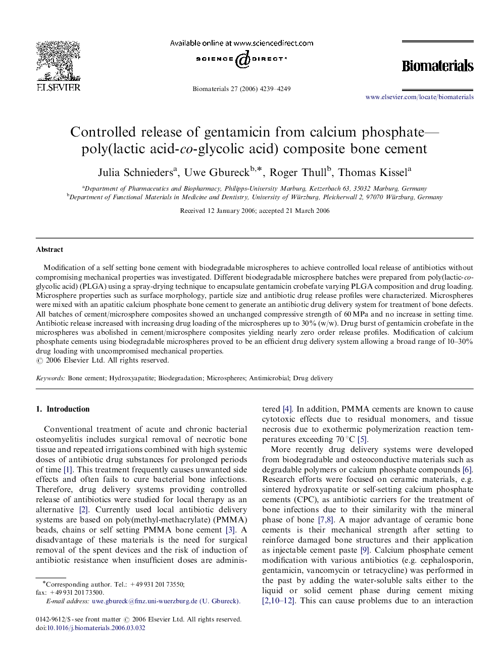 Controlled release of gentamicin from calcium phosphate-poly(lactic acid-co-glycolic acid) composite bone cement