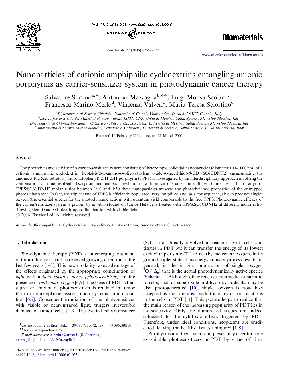 Nanoparticles of cationic amphiphilic cyclodextrins entangling anionic porphyrins as carrier-sensitizer system in photodynamic cancer therapy