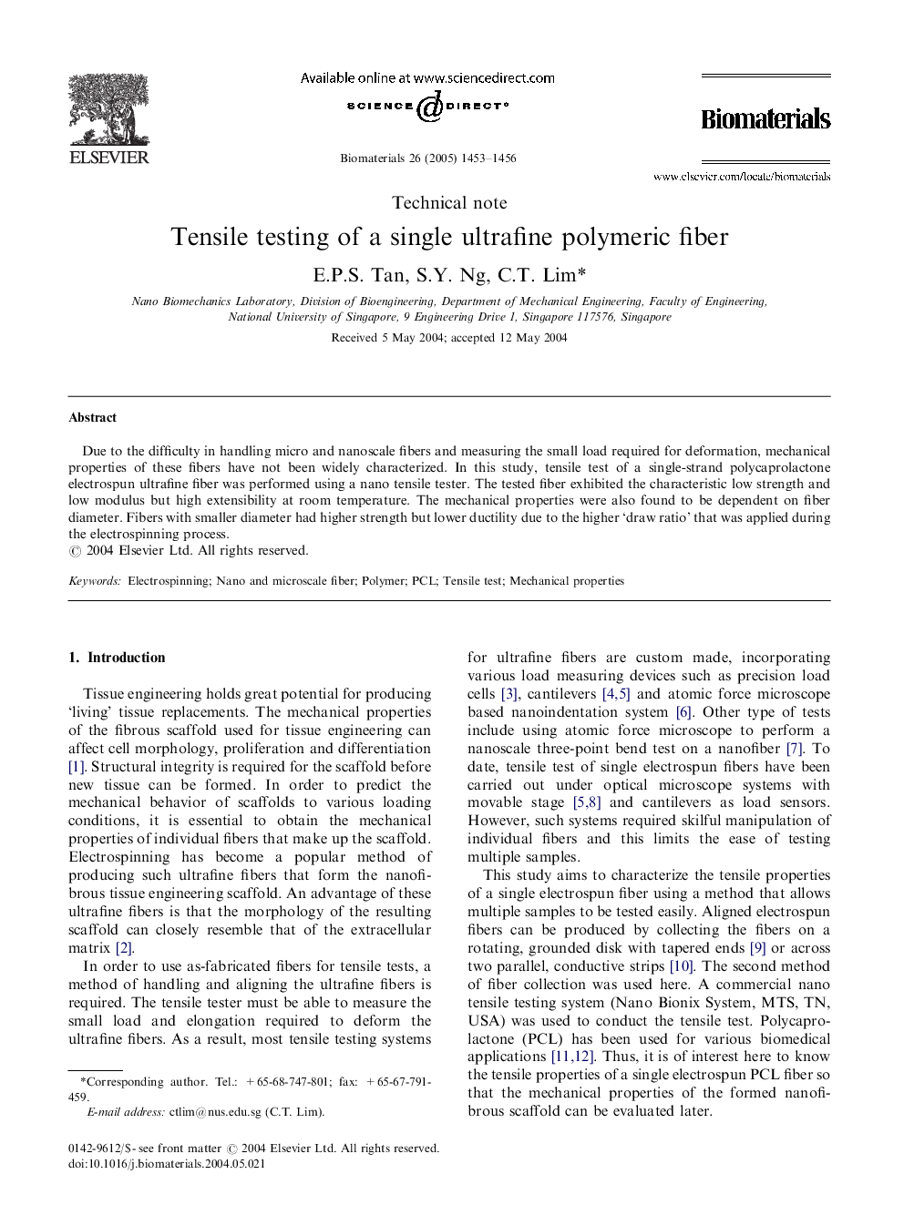 Tensile testing of a single ultrafine polymeric fiber