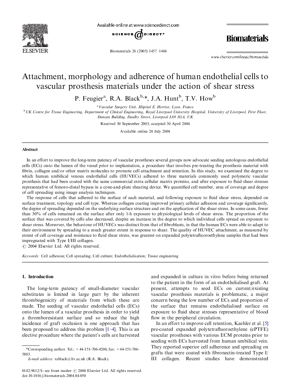 Attachment, morphology and adherence of human endothelial cells to vascular prosthesis materials under the action of shear stress