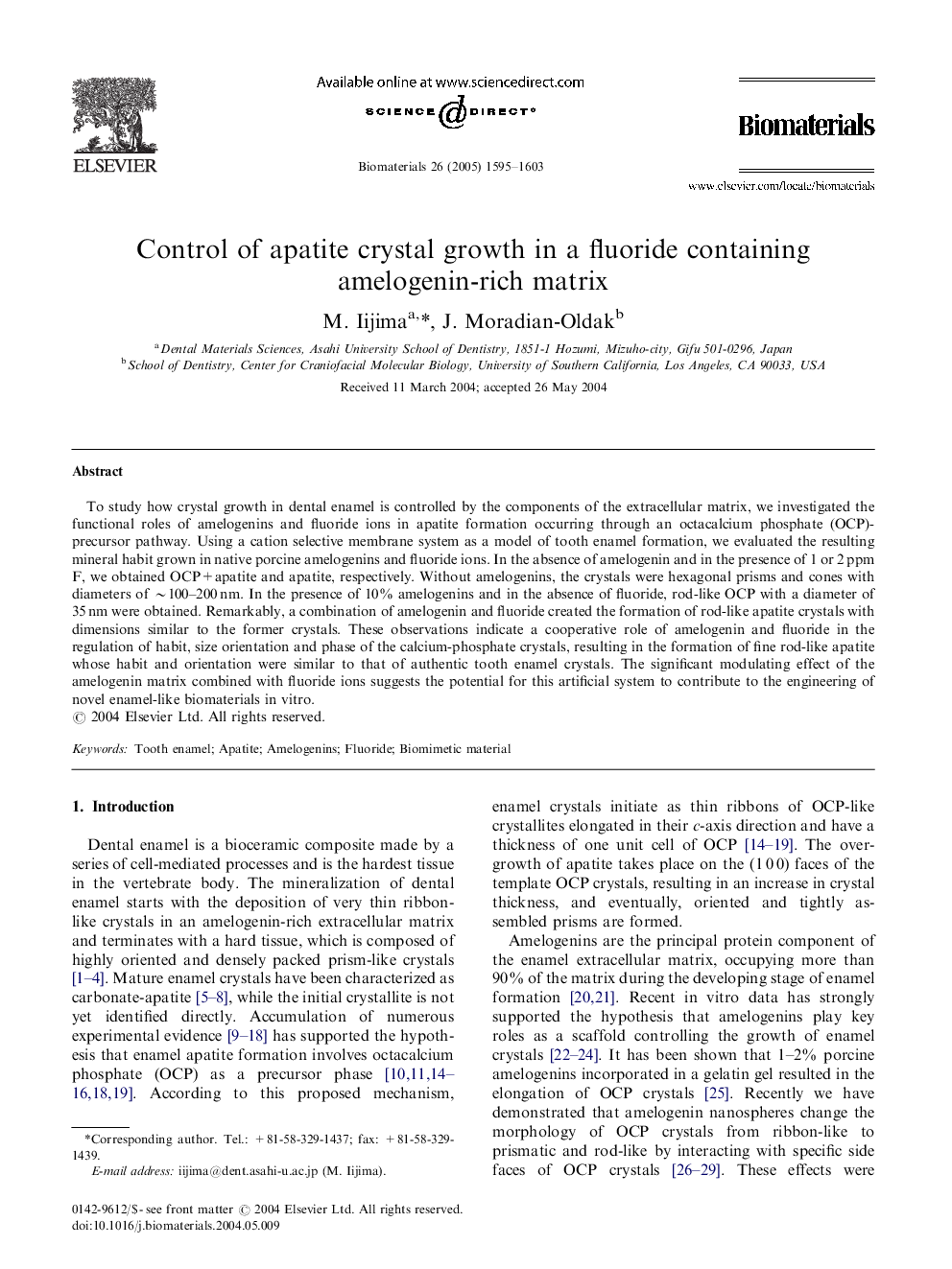 Control of apatite crystal growth in a fluoride containing amelogenin-rich matrix