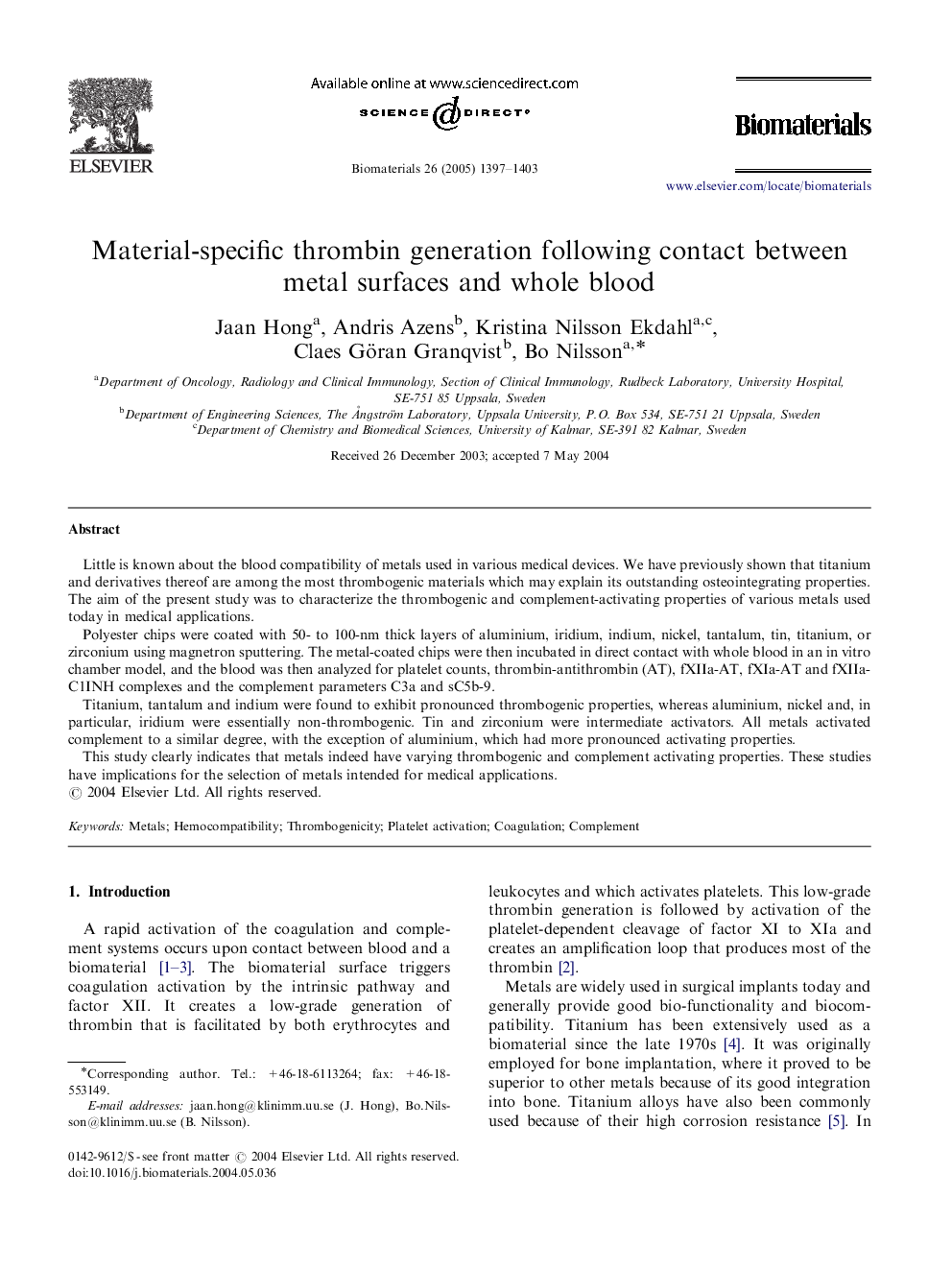 Material-specific thrombin generation following contact between metal surfaces and whole blood