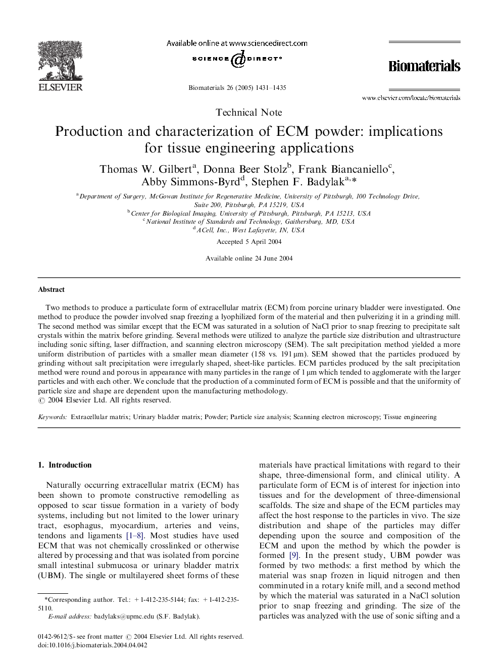 Production and characterization of ECM powder: implications for tissue engineering applications