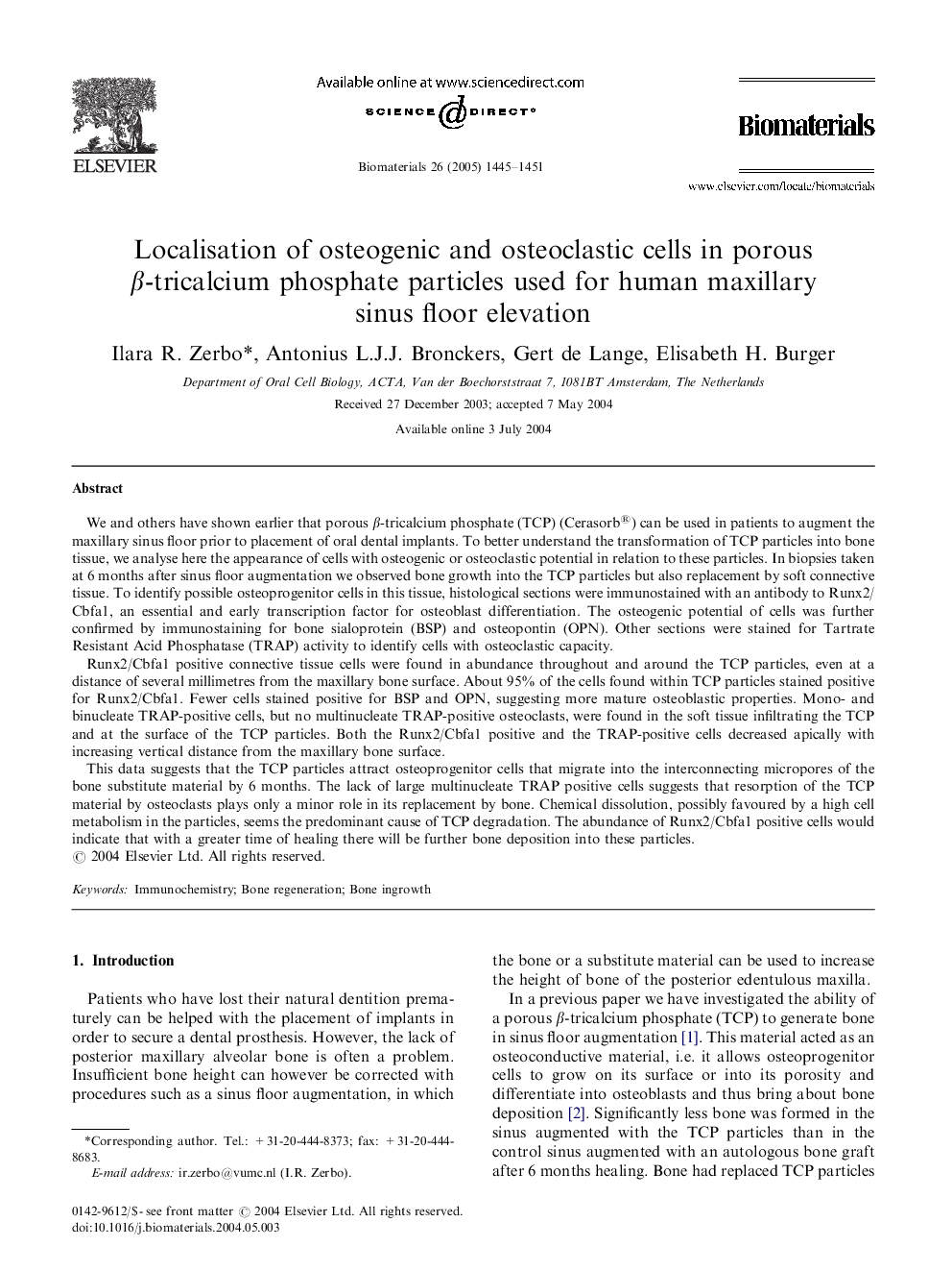 Localisation of osteogenic and osteoclastic cells in porous Î²-tricalcium phosphate particles used for human maxillary sinus floor elevation