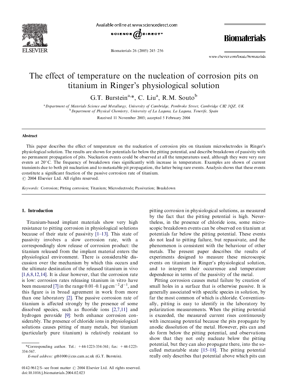 The effect of temperature on the nucleation of corrosion pits on titanium in Ringer's physiological solution