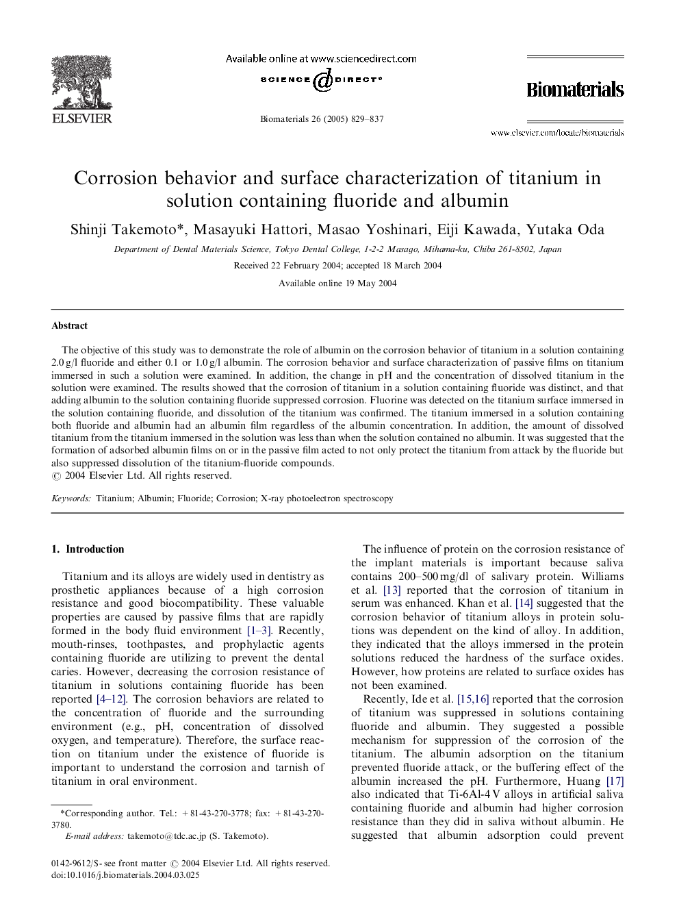 Corrosion behavior and surface characterization of titanium in solution containing fluoride and albumin