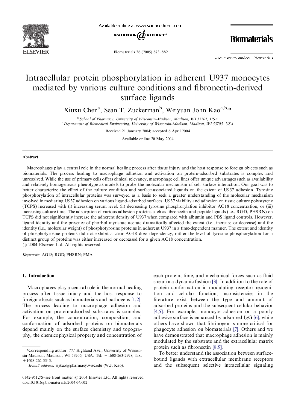 Intracellular protein phosphorylation in adherent U937 monocytes mediated by various culture conditions and fibronectin-derived surface ligands