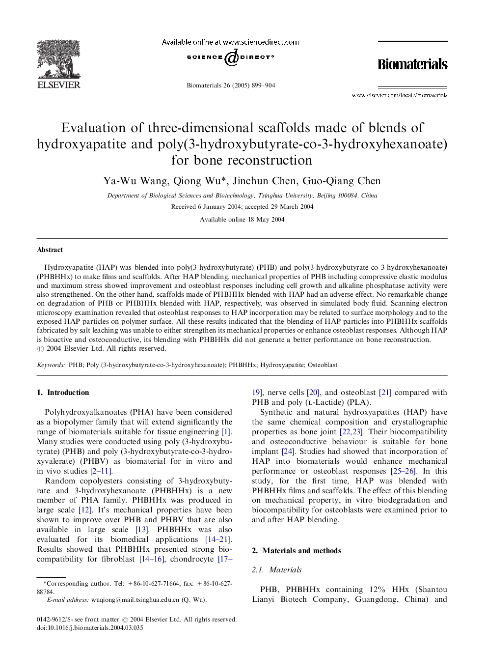 Evaluation of three-dimensional scaffolds made of blends of hydroxyapatite and poly(3-hydroxybutyrate-co-3-hydroxyhexanoate) for bone reconstruction