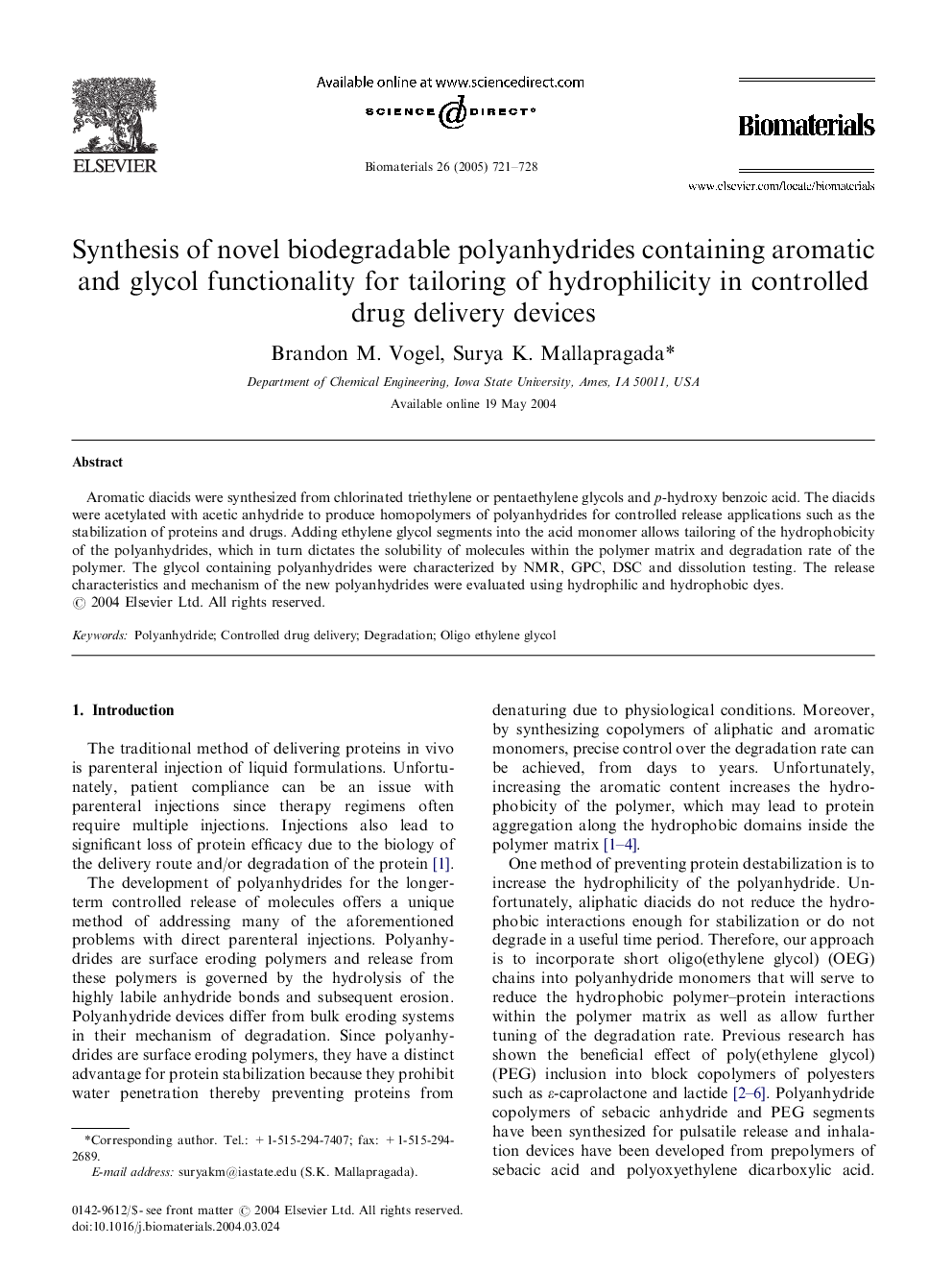 Synthesis of novel biodegradable polyanhydrides containing aromatic and glycol functionality for tailoring of hydrophilicity in controlled drug delivery devices