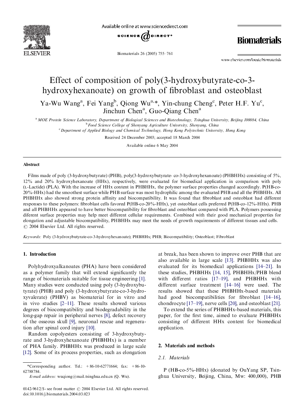 Effect of composition of poly(3-hydroxybutyrate-co-3-hydroxyhexanoate) on growth of fibroblast and osteoblast