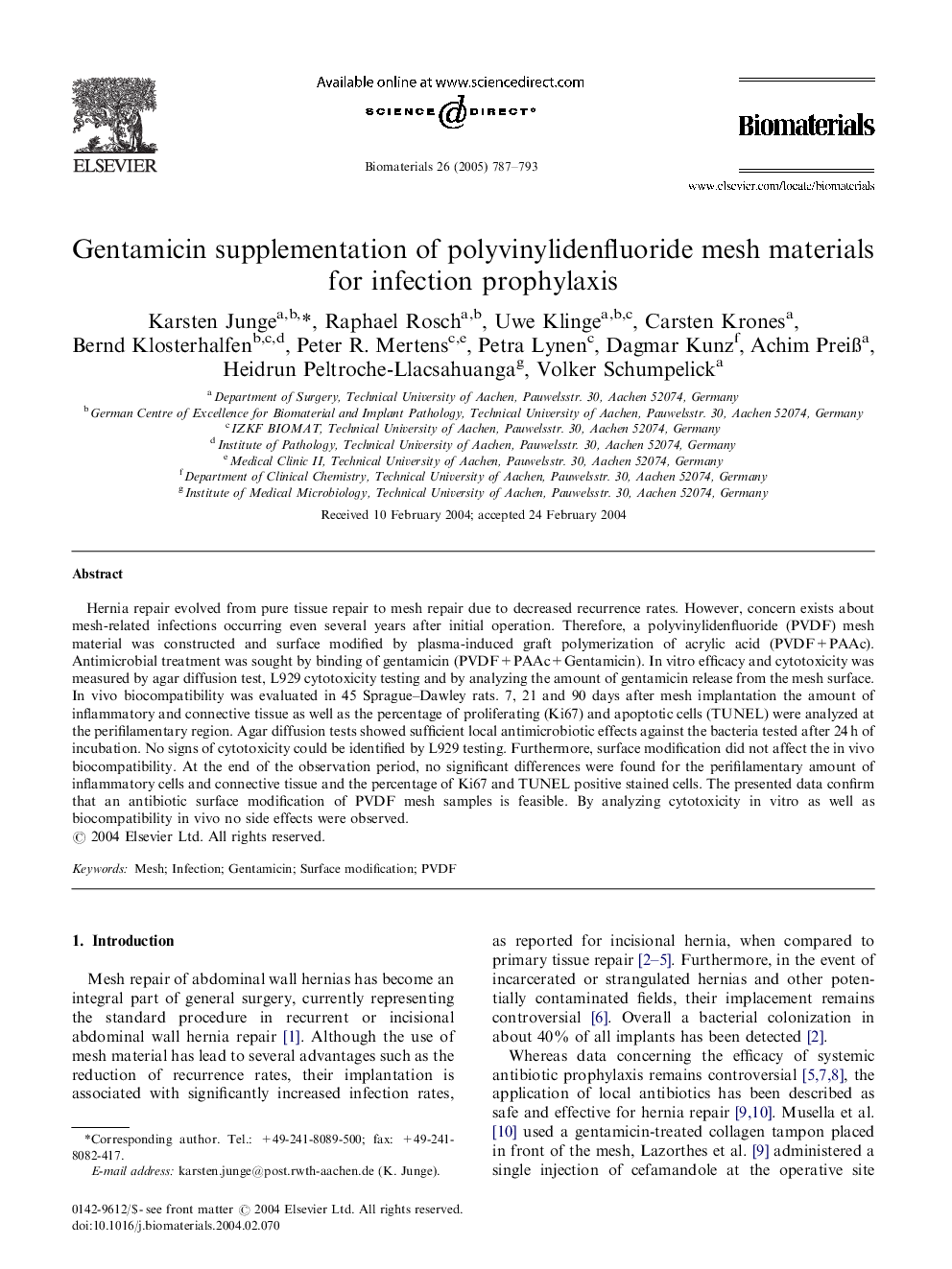 Gentamicin supplementation of polyvinylidenfluoride mesh materials for infection prophylaxis