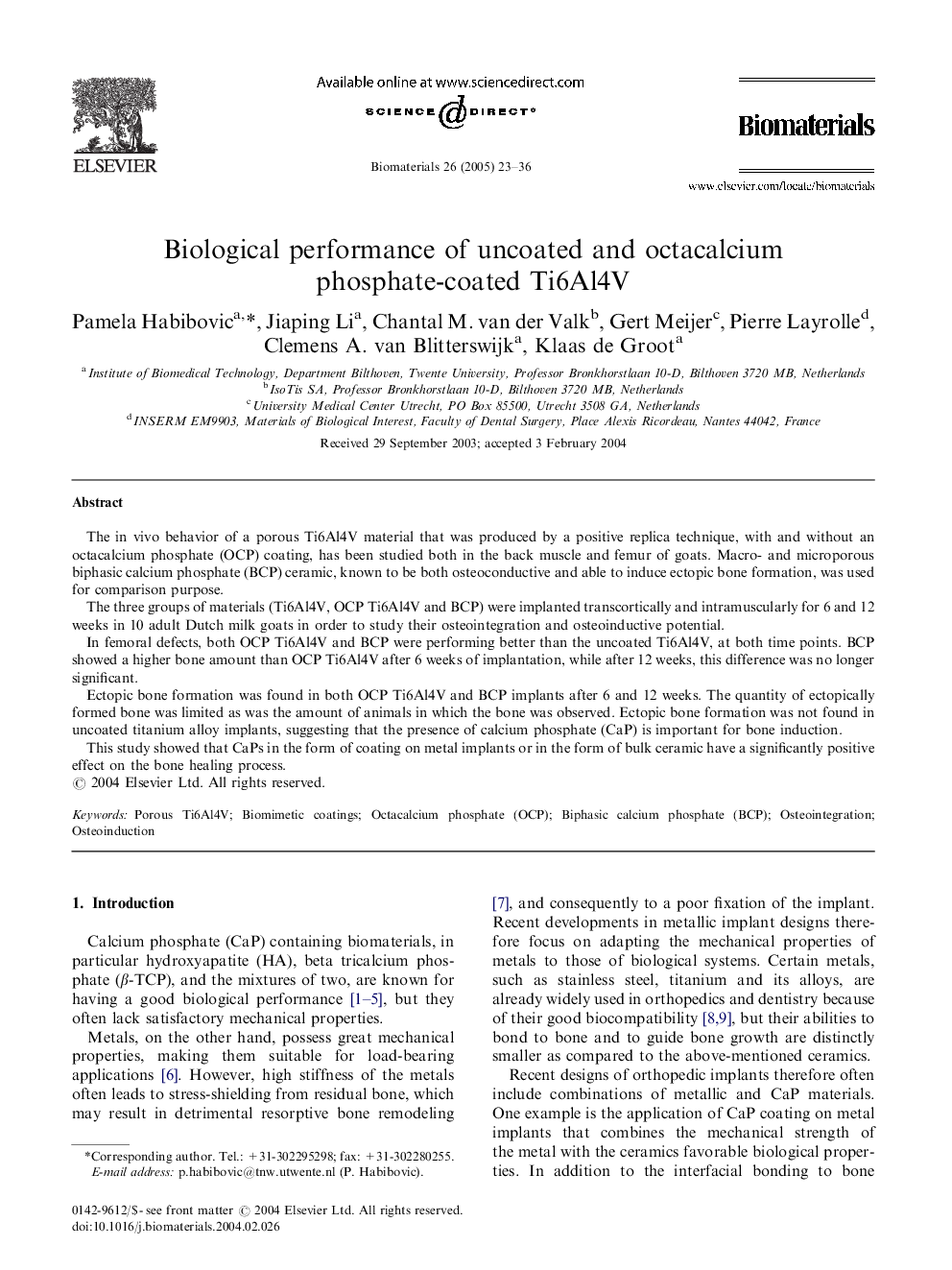 Biological performance of uncoated and octacalcium phosphate-coated Ti6Al4V