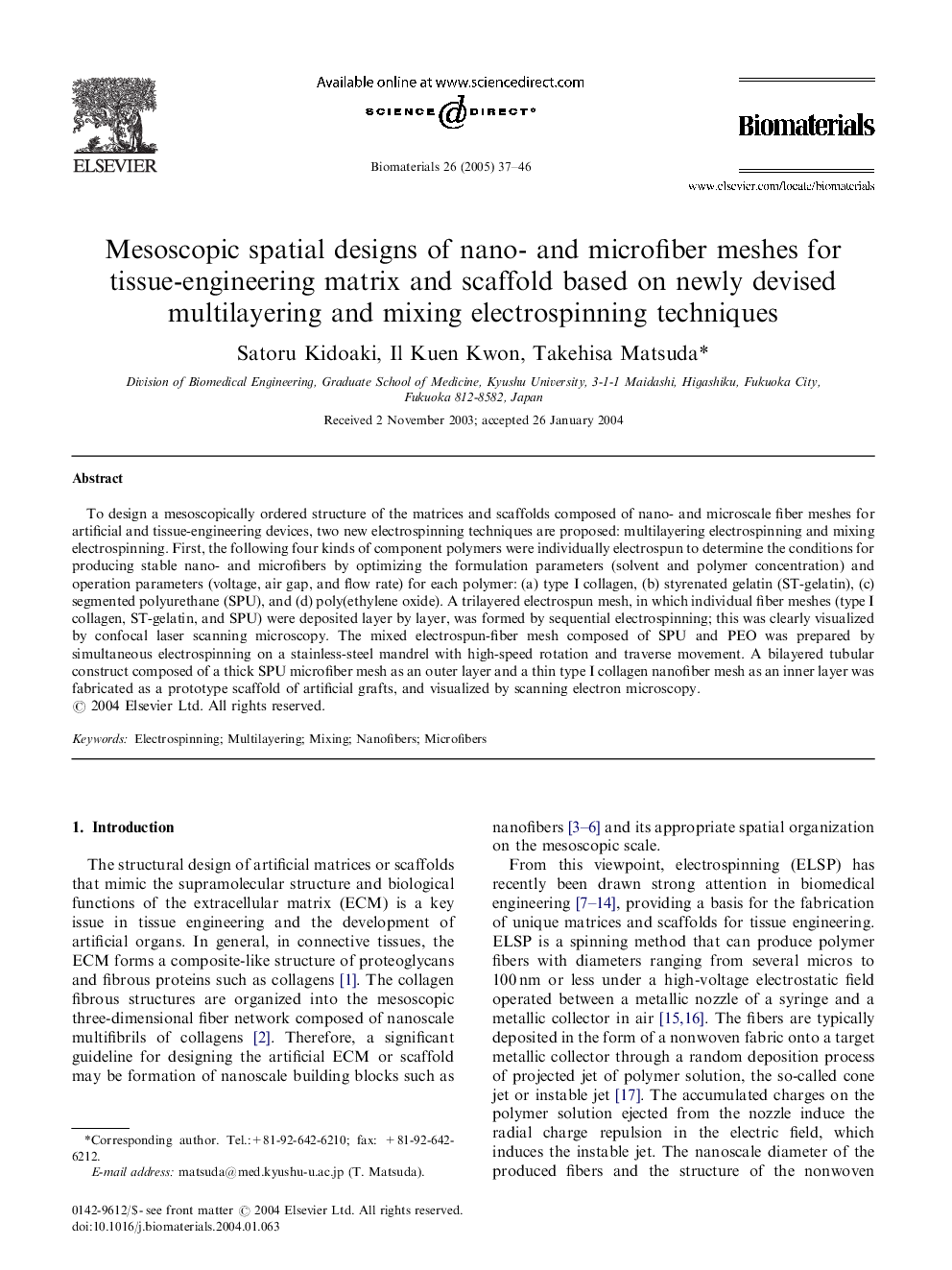 Mesoscopic spatial designs of nano- and microfiber meshes for tissue-engineering matrix and scaffold based on newly devised multilayering and mixing electrospinning techniques