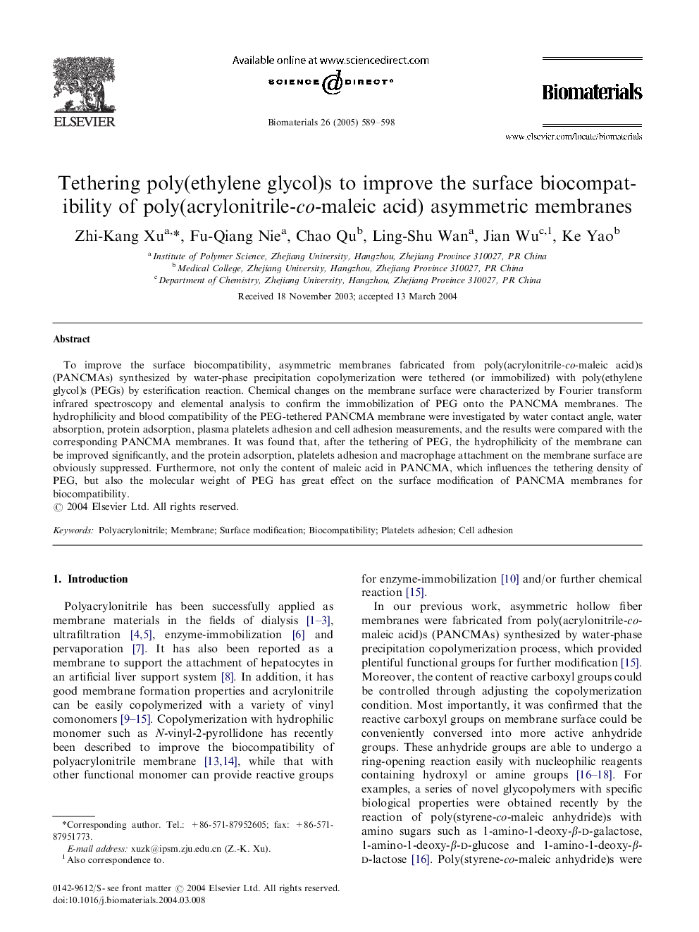 Tethering poly(ethylene glycol)s to improve the surface biocompatibility of poly(acrylonitrile-co-maleic acid) asymmetric membranes