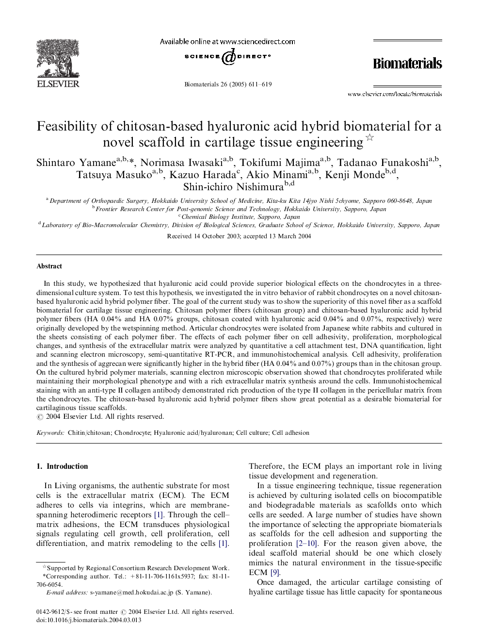 Feasibility of chitosan-based hyaluronic acid hybrid biomaterial for a novel scaffold in cartilage tissue engineering