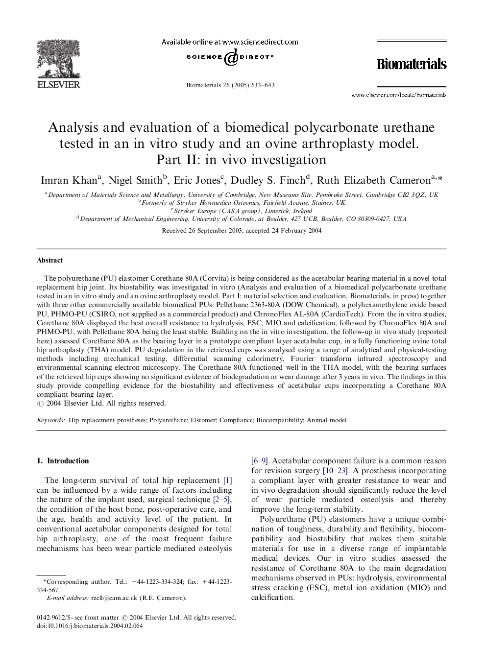 Analysis and evaluation of a biomedical polycarbonate urethane tested in an in vitro study and an ovine arthroplasty model. Part II: in vivo investigation