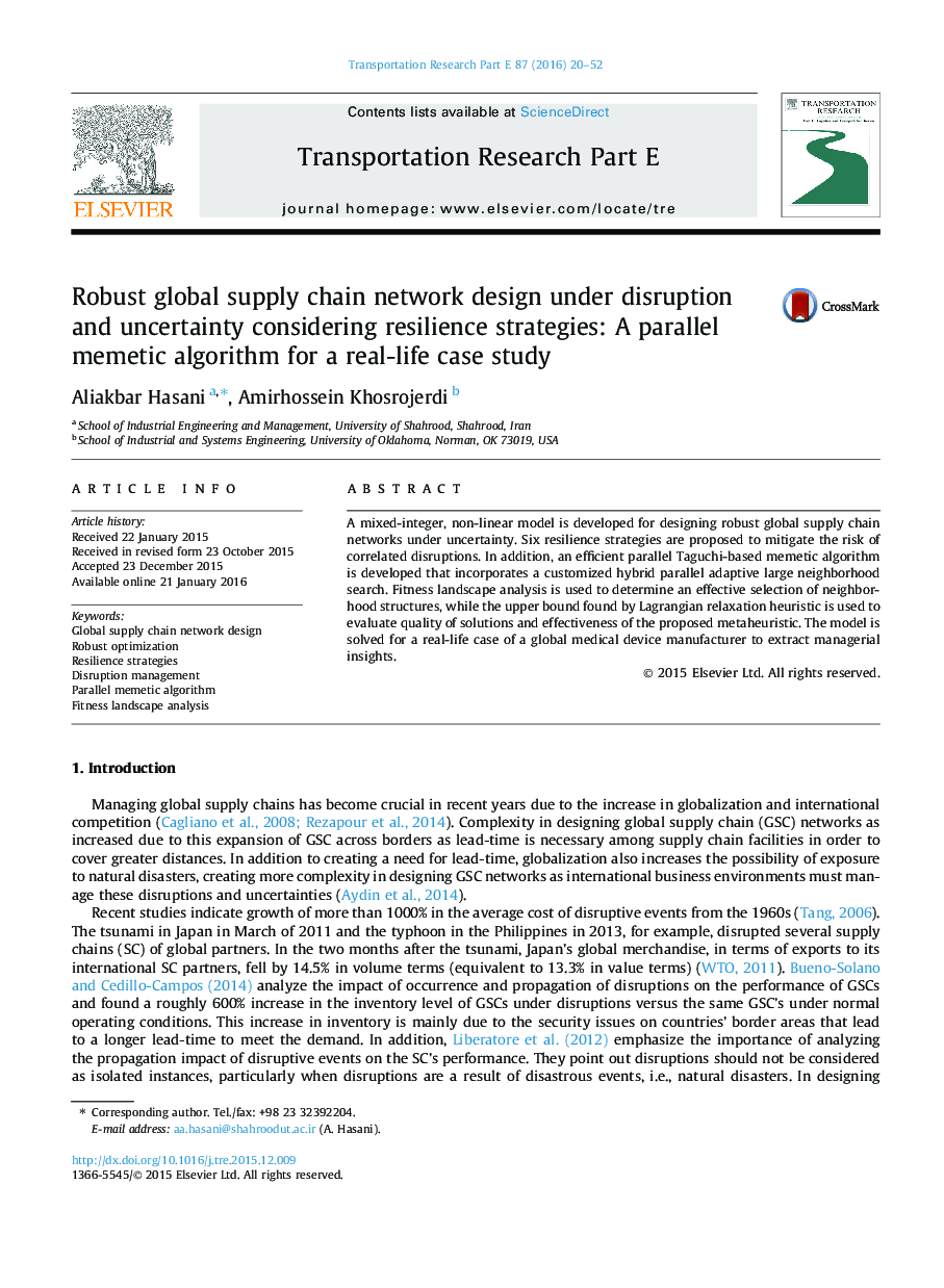 Robust global supply chain network design under disruption and uncertainty considering resilience strategies: A parallel memetic algorithm for a real-life case study