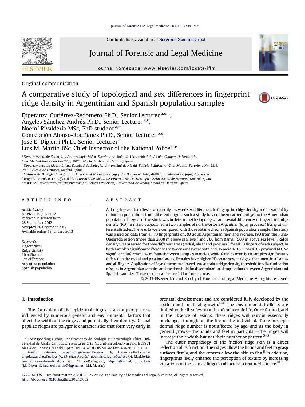 A comparative study of topological and sex differences in fingerprint ridge density in Argentinian and Spanish population samples