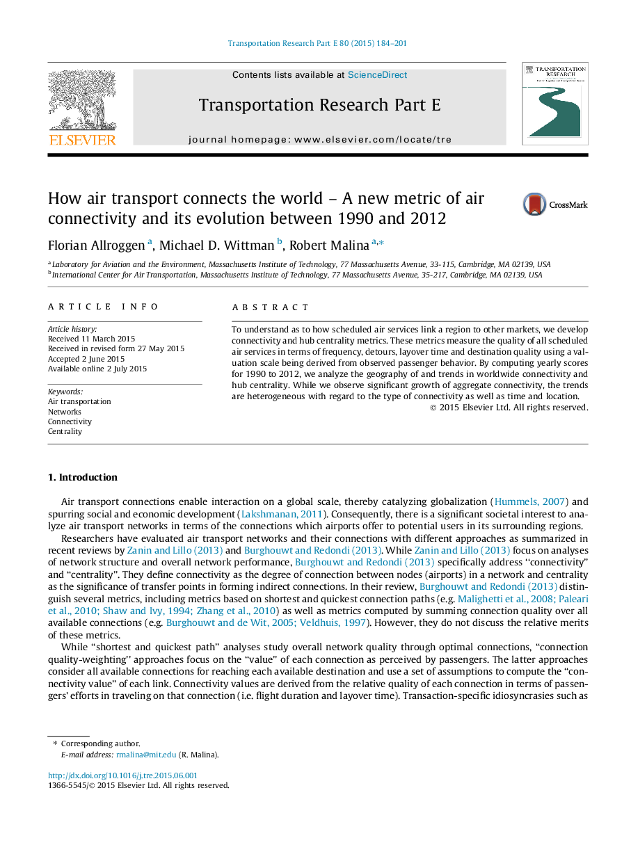 How air transport connects the world – A new metric of air connectivity and its evolution between 1990 and 2012