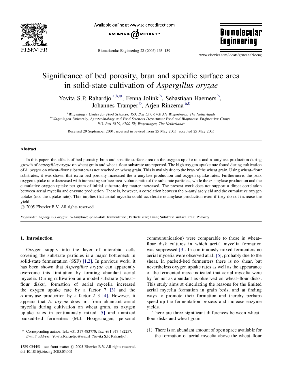 Significance of bed porosity, bran and specific surface area in solid-state cultivation of Aspergillus oryzae