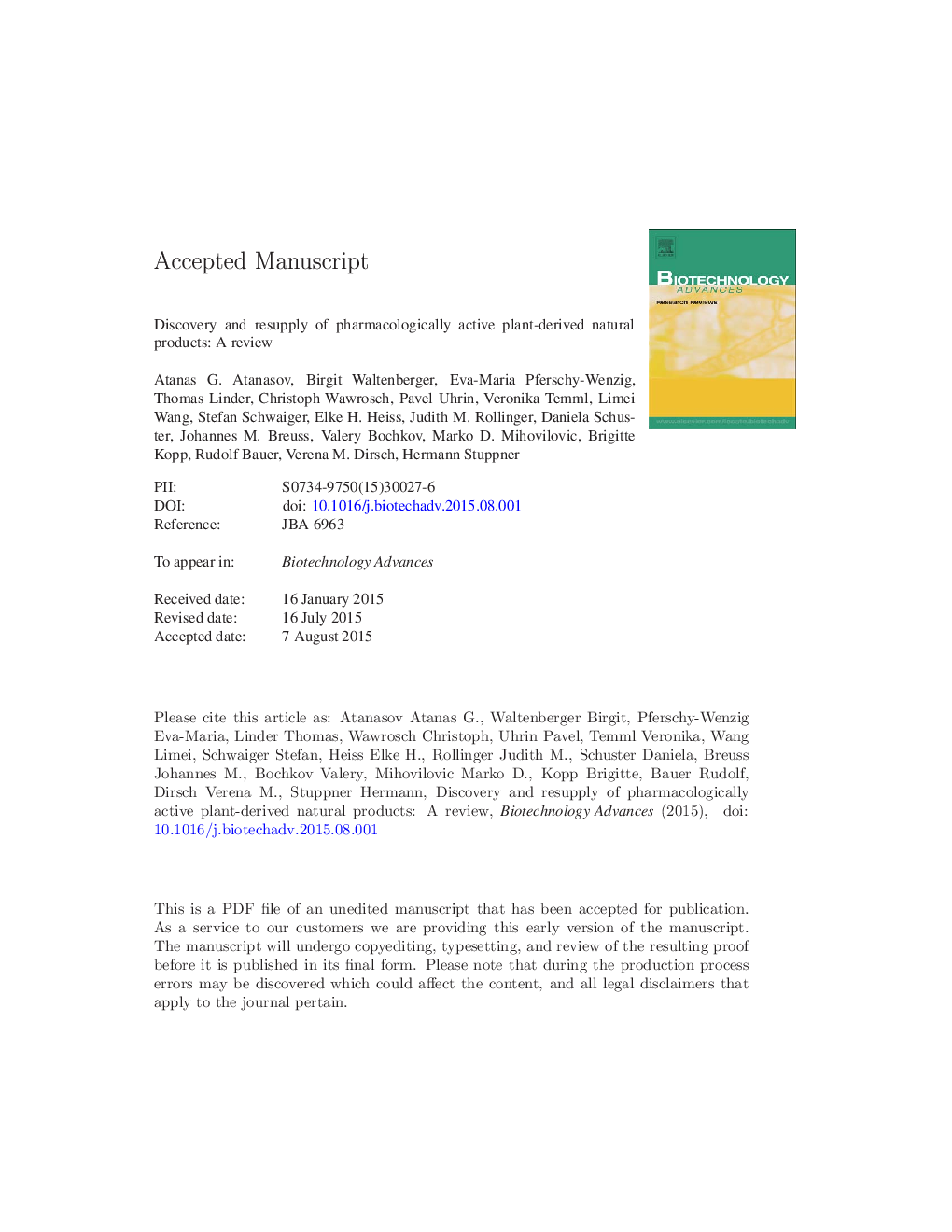 Discovery and resupply of pharmacologically active plant-derived natural products: A review