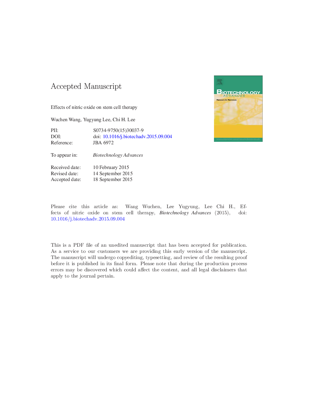 Effects of nitric oxide on stem cell therapy