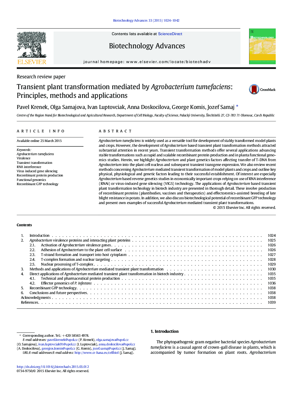 Transient plant transformation mediated by Agrobacterium tumefaciens: Principles, methods and applications