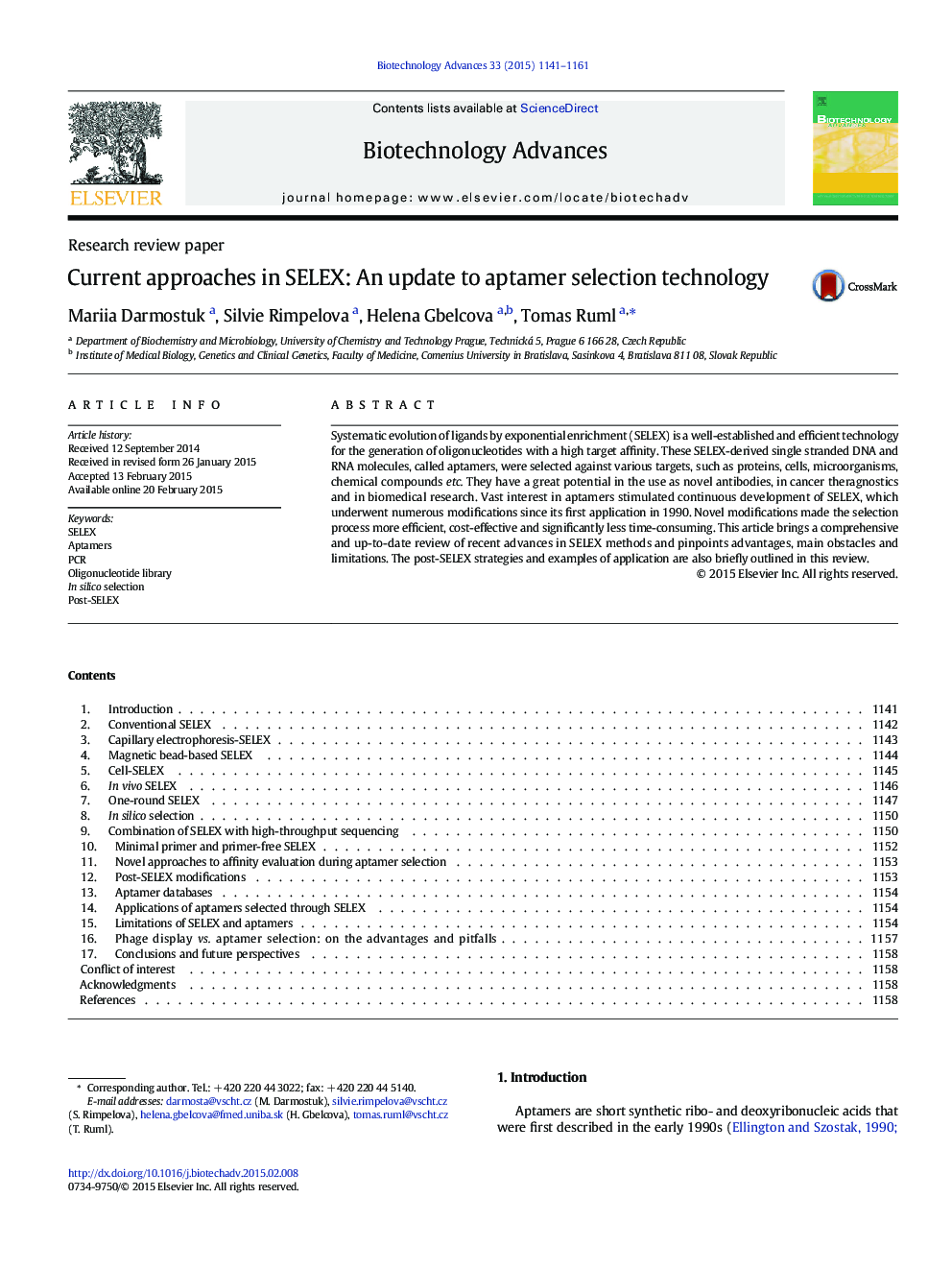 Current approaches in SELEX: An update to aptamer selection technology