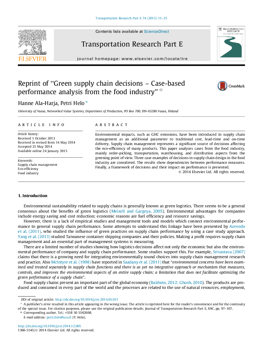 Reprint of “Green supply chain decisions – Case-based performance analysis from the food industry” 