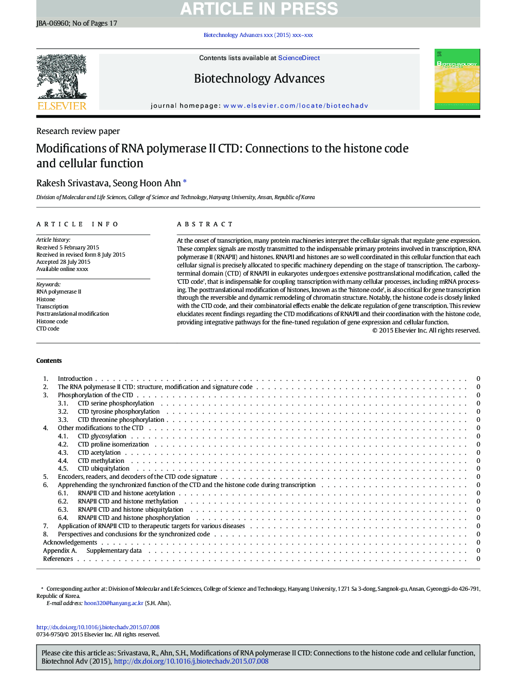 Modifications of RNA polymerase II CTD: Connections to the histone code and cellular function