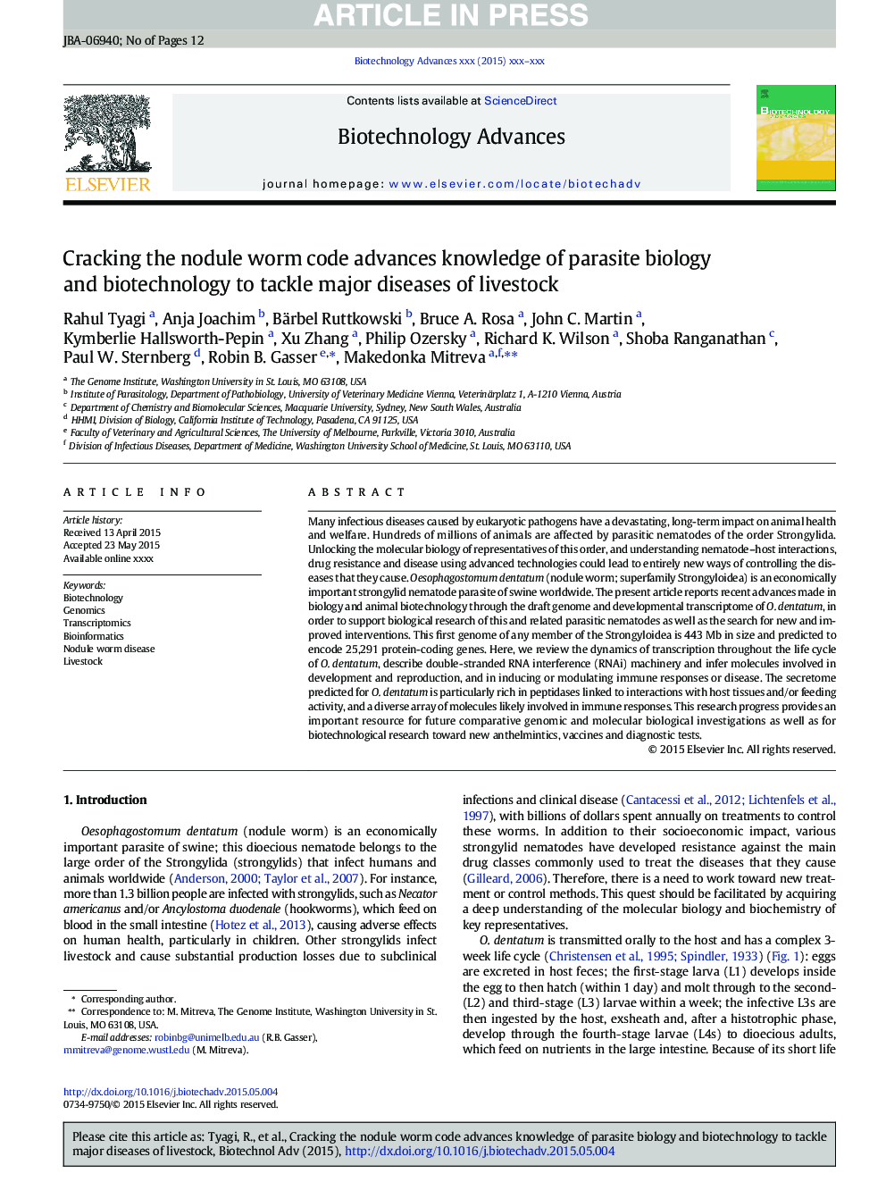 Cracking the nodule worm code advances knowledge of parasite biology and biotechnology to tackle major diseases of livestock